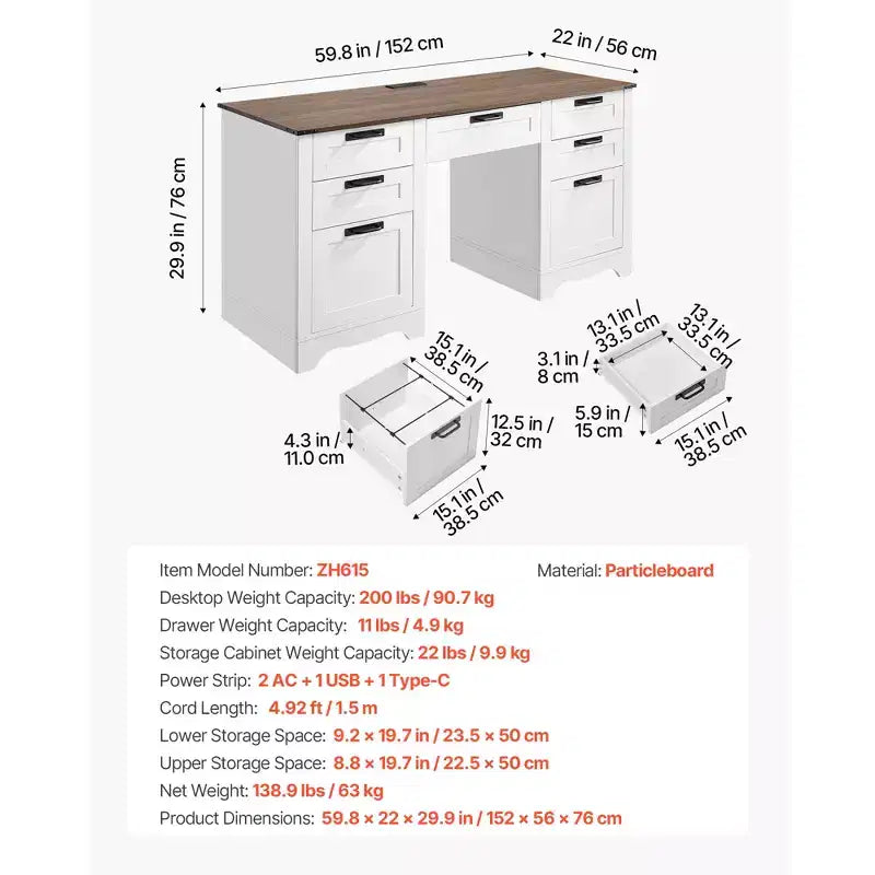 Bureau de direction VEVOR, table de bureau de style ferme avec station de recharge, table de direction en panneaux de particules avec tiroirs de rangement, capacité de charge de 90,7 kg, marron