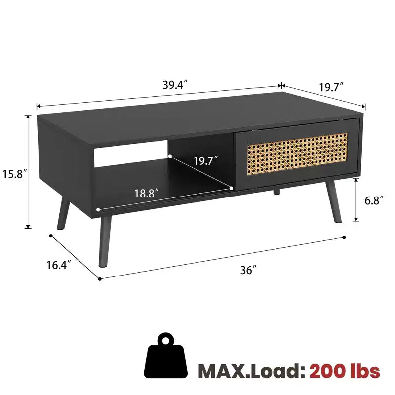 Table basse bohème en rotin, table basse moderne de 100 cm avec porte coulissante et étagère ouverte, table de salon étanche en bois avec patins antidérapants
