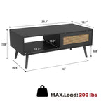 Table basse bohème en rotin, table basse moderne de 100 cm avec porte coulissante et étagère ouverte, table de salon étanche en bois avec patins antidérapants