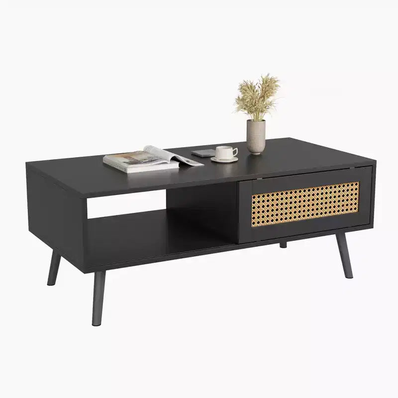 Table basse bohème en rotin, table basse moderne de 100 cm avec porte coulissante et étagère ouverte, table de salon étanche en bois avec patins antidérapants