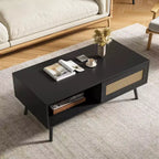 Table basse bohème en rotin, table basse moderne de 100 cm avec porte coulissante et étagère ouverte, table de salon étanche en bois avec patins antidérapants