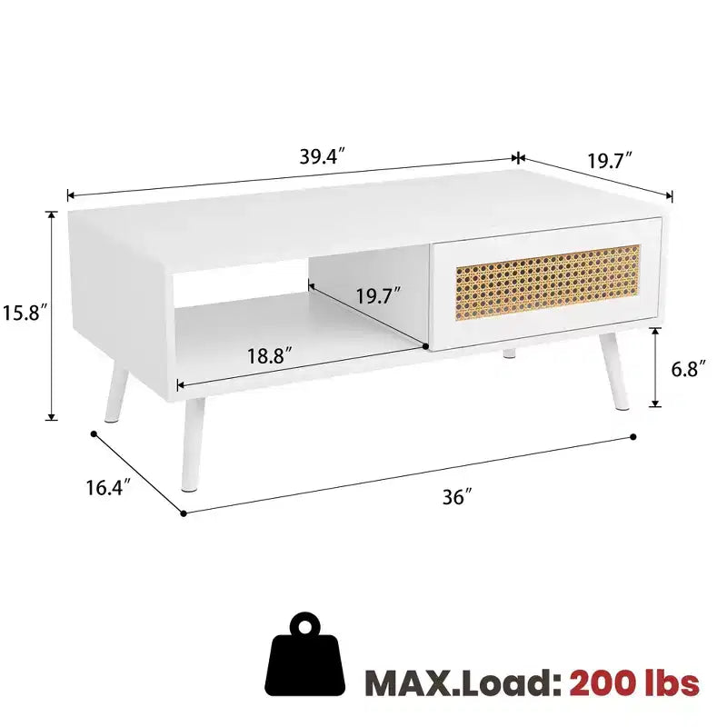 Table basse bohème en rotin, table basse moderne de 100 cm avec porte coulissante et étagère ouverte, table de salon étanche en bois avec patins antidérapants