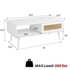 Table basse bohème en rotin, table basse moderne de 100 cm avec porte coulissante et étagère ouverte, table de salon étanche en bois avec patins antidérapants