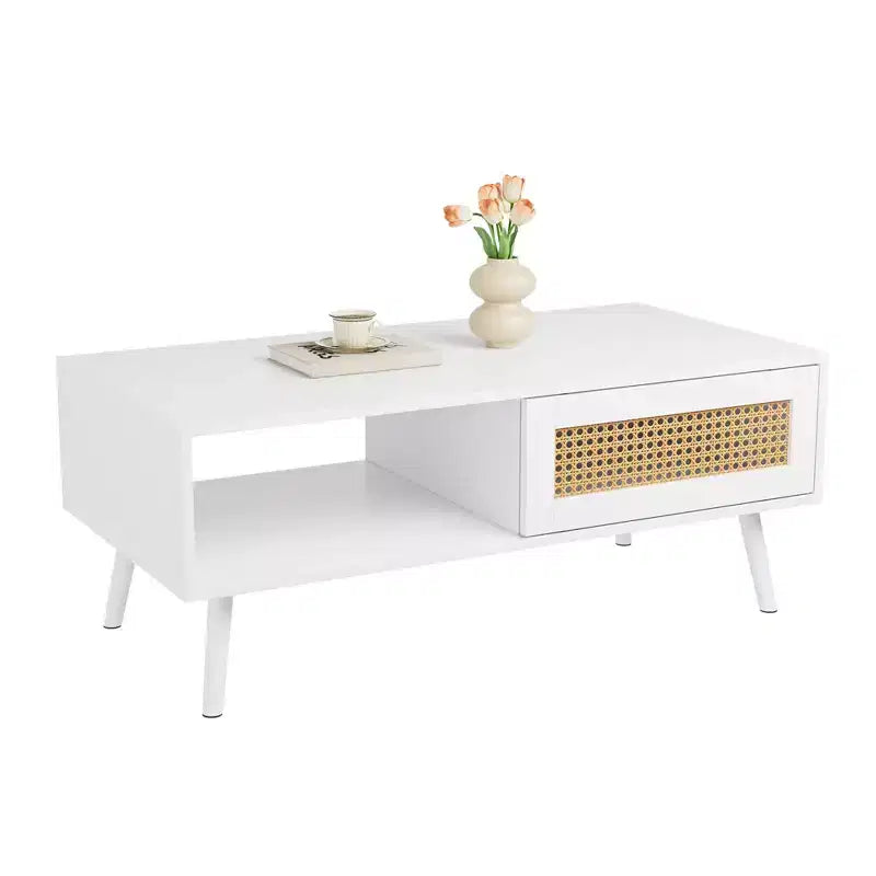 Table basse bohème en rotin, table basse moderne de 100 cm avec porte coulissante et étagère ouverte, table de salon étanche en bois avec patins antidérapants