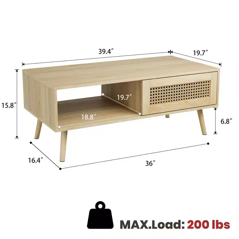 Table basse bohème en rotin, table basse moderne de 100 cm avec porte coulissante et étagère ouverte, table de salon étanche en bois avec patins antidérapants