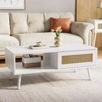 Table basse bohème en rotin, table basse moderne de 100 cm avec porte coulissante et étagère ouverte, table de salon étanche en bois avec patins antidérapants