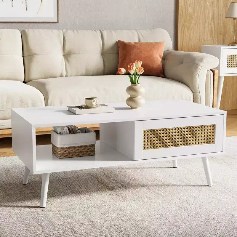 Table basse bohème en rotin, table basse moderne de 100 cm avec porte coulissante et étagère ouverte, table de salon étanche en bois avec patins antidérapants