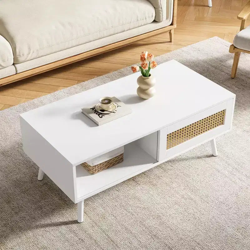 Table basse bohème en rotin, table basse moderne de 100 cm avec porte coulissante et étagère ouverte, table de salon étanche en bois avec patins antidérapants