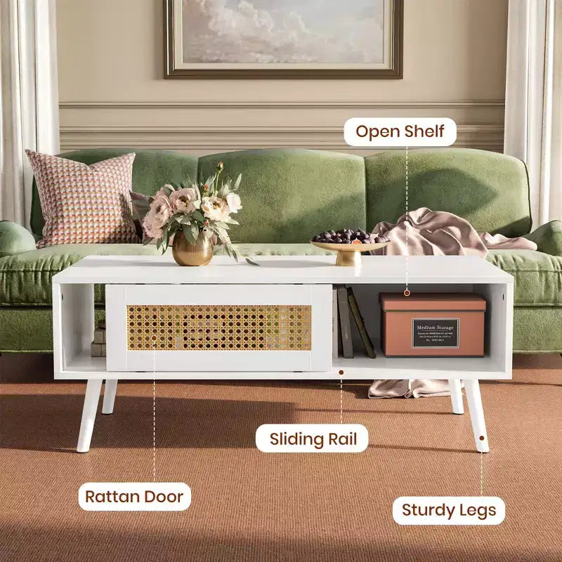 Table basse bohème en rotin, table basse moderne de 100 cm avec porte coulissante et étagère ouverte, table de salon étanche en bois avec patins antidérapants