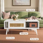 Table basse bohème en rotin, table basse moderne de 100 cm avec porte coulissante et étagère ouverte, table de salon étanche en bois avec patins antidérapants
