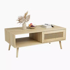 Table basse bohème en rotin, table basse moderne de 100 cm avec porte coulissante et étagère ouverte, table de salon étanche en bois avec patins antidérapants