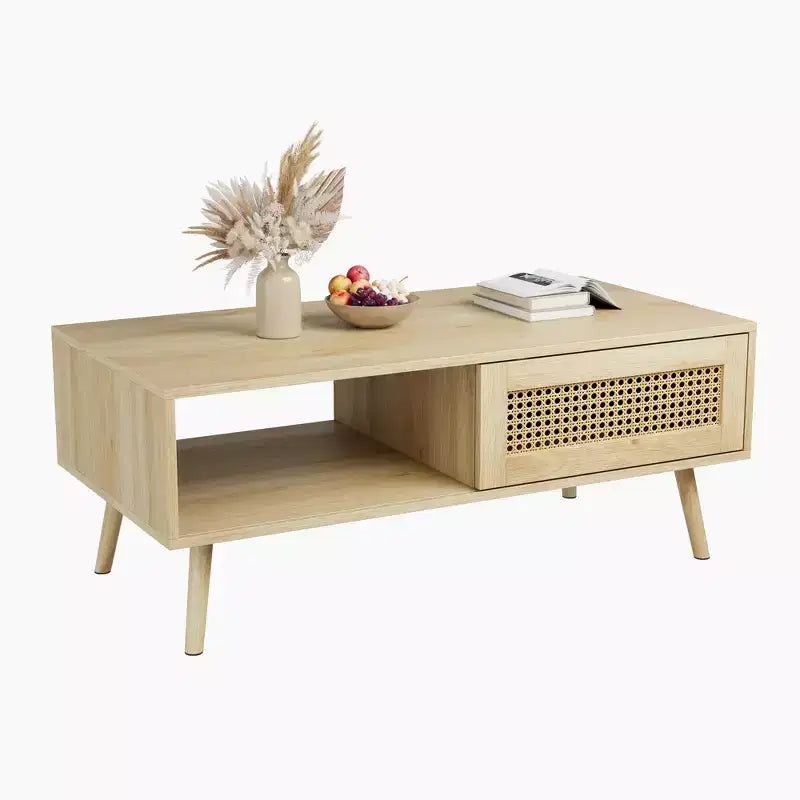 Table basse bohème en rotin, table basse moderne de 100 cm avec porte coulissante et étagère ouverte, table de salon étanche en bois avec patins antidérapants