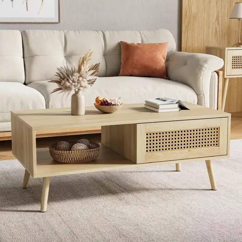 Table basse bohème en rotin, table basse moderne de 100 cm avec porte coulissante et étagère ouverte, table de salon étanche en bois avec patins antidérapants
