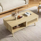 Table basse bohème en rotin, table basse moderne de 100 cm avec porte coulissante et étagère ouverte, table de salon étanche en bois avec patins antidérapants