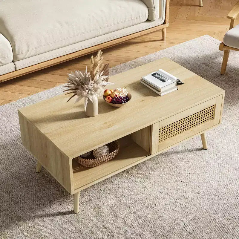 Table basse bohème en rotin, table basse moderne de 100 cm avec porte coulissante et étagère ouverte, table de salon étanche en bois avec patins antidérapants