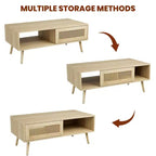 Table basse bohème en rotin, table basse moderne de 100 cm avec porte coulissante et étagère ouverte, table de salon étanche en bois avec patins antidérapants