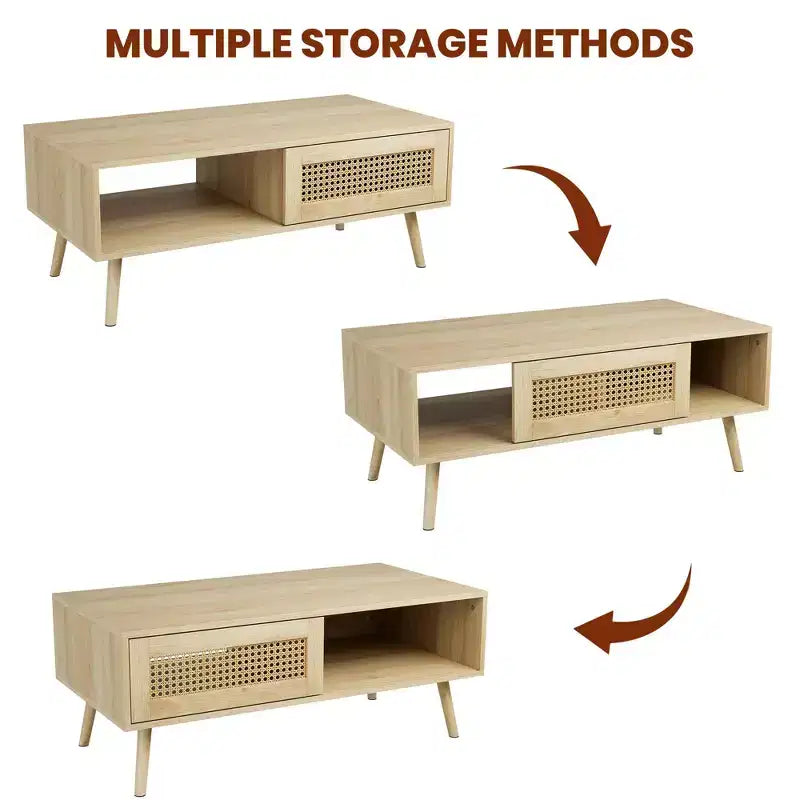 Table basse bohème en rotin, table basse moderne de 100 cm avec porte coulissante et étagère ouverte, table de salon étanche en bois avec patins antidérapants