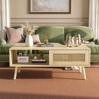 Boho Rattan Coffee Table, 39.4 Modern Coffee Table with Sliding Door and Open Shelf, Waterproof Wooden Living Room Table with Anti-Slip Footpads