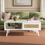 Table basse bohème en rotin, table basse moderne de 100 cm avec porte coulissante et étagère ouverte, table de salon étanche en bois avec patins antidérapants