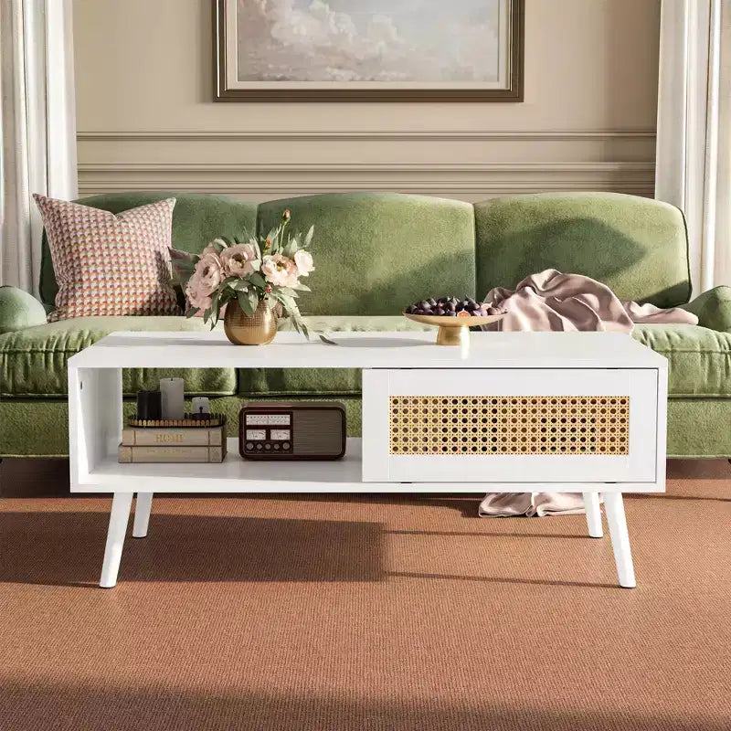 Table basse bohème en rotin, table basse moderne de 100 cm avec porte coulissante et étagère ouverte, table de salon étanche en bois avec patins antidérapants