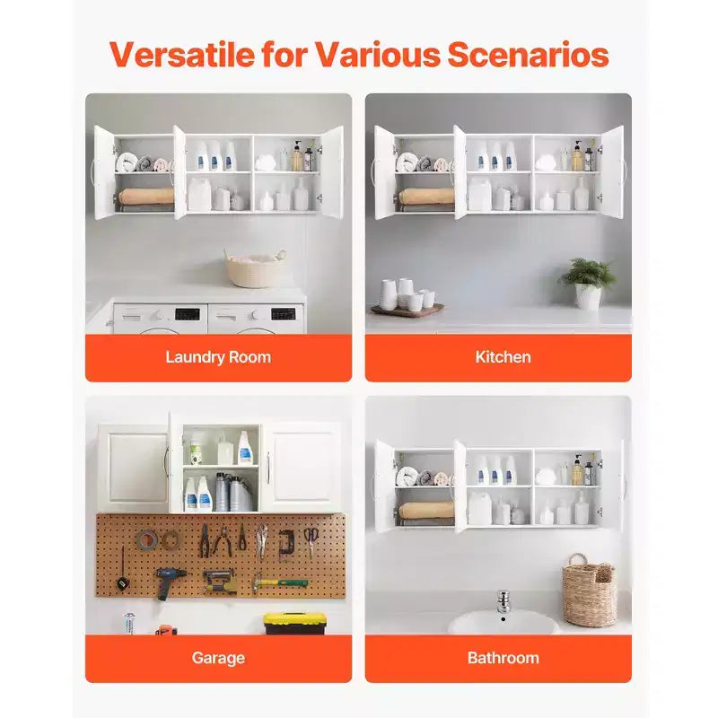 Armoire Murale de Buanderie VEVOR, Meuble Haut à 2 Niveaux avec Étagère Réglable, Rangement avec 3 Portes, Blanc