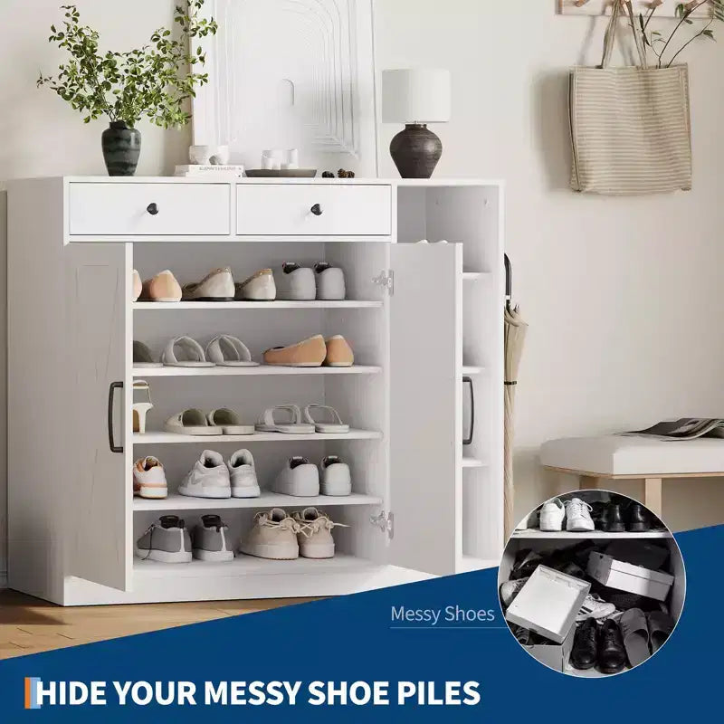 Meuble à chaussures, Meuble de rangement pour chaussures Style ferme 2 portes coulissantes avec tiroirs, étagères réglables et crochets pour entrée, couloir