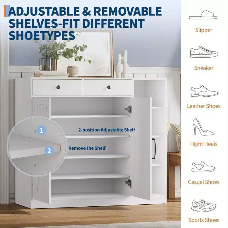 Meuble à chaussures, Meuble de rangement pour chaussures Style ferme 2 portes coulissantes avec tiroirs, étagères réglables et crochets pour entrée, couloir