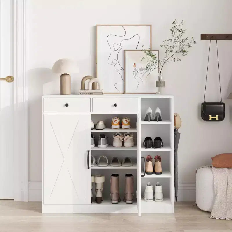 Meuble à chaussures, Meuble de rangement pour chaussures Style ferme 2 portes coulissantes avec tiroirs, étagères réglables et crochets pour entrée, couloir