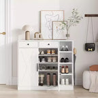Meuble à chaussures, Meuble de rangement pour chaussures Style ferme 2 portes coulissantes avec tiroirs, étagères réglables et crochets pour entrée, couloir