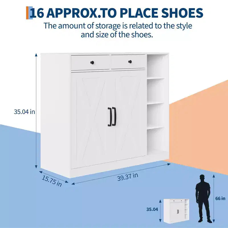 Meuble à chaussures, Meuble de rangement pour chaussures Style ferme 2 portes coulissantes avec tiroirs, étagères réglables et crochets pour entrée, couloir