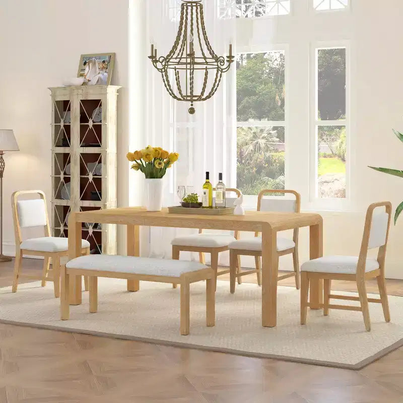 Ensemble de salle à manger extensible vintage GDFStudio Betsy pour 4 à 6 personnes avec chaises rembourrées et banc