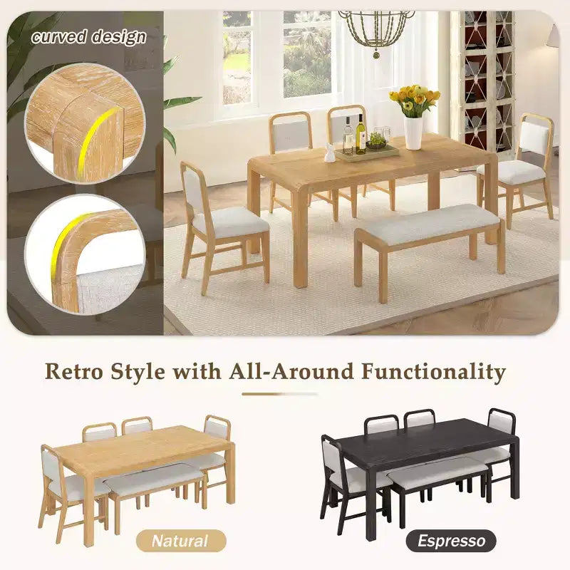 Ensemble de salle à manger extensible vintage GDFStudio Betsy pour 4 à 6 personnes avec chaises rembourrées et banc