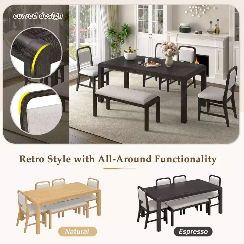 Ensemble de salle à manger extensible vintage GDFStudio Betsy pour 4 à 6 personnes avec chaises rembourrées et banc