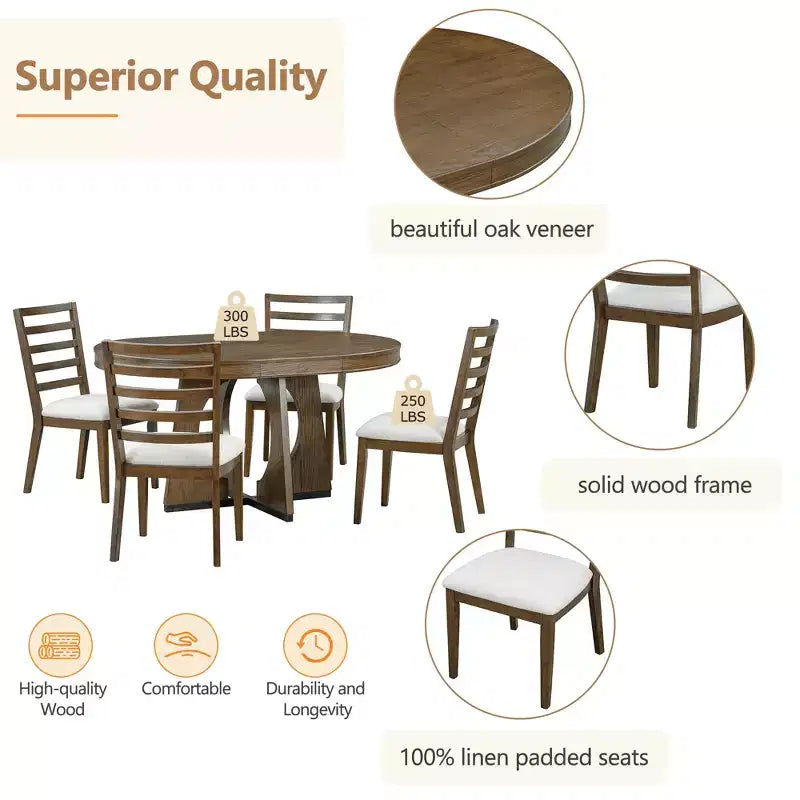 Ensemble de salle à manger rond 5 pièces GDFStudio Dana avec table extensible et chaises rembourrées