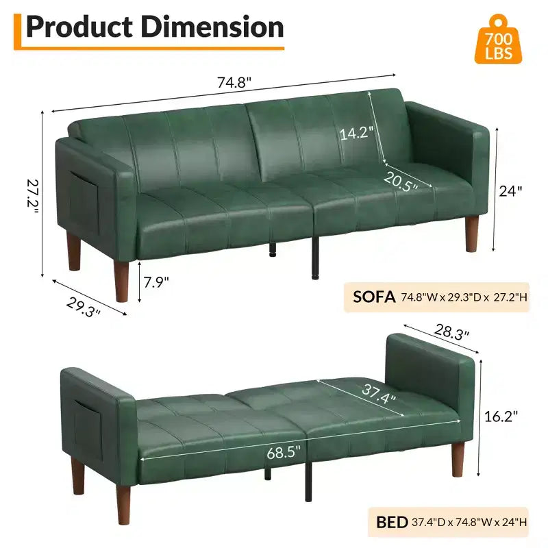 Canapé Lit Futon 75 Cuir Synthétique Moderne, Design Mid-Century pour Petits Espaces, Salon & Chambre à Coucher