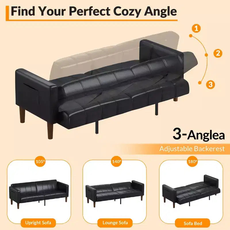 Canapé Lit Futon 75 Cuir Synthétique Moderne, Design Mid-Century pour Petits Espaces, Salon & Chambre à Coucher