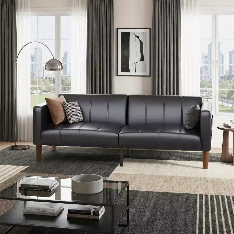 Canapé Lit Futon 75 Cuir Synthétique Moderne, Design Mid-Century pour Petits Espaces, Salon & Chambre à Coucher