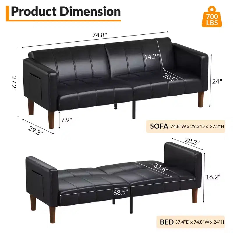 Canapé Lit Futon 75 Cuir Synthétique Moderne, Design Mid-Century pour Petits Espaces, Salon & Chambre à Coucher