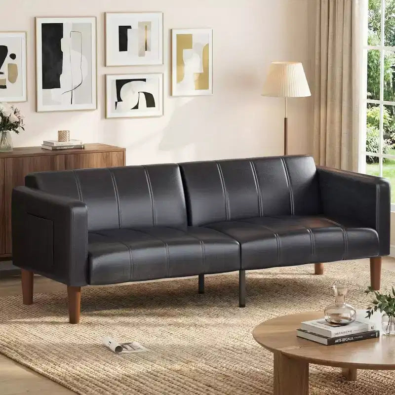 75 Futon Sofa Bed  Modern Faux Leather, Mid-Century Design for Small Spaces, Living Room & Bedroom