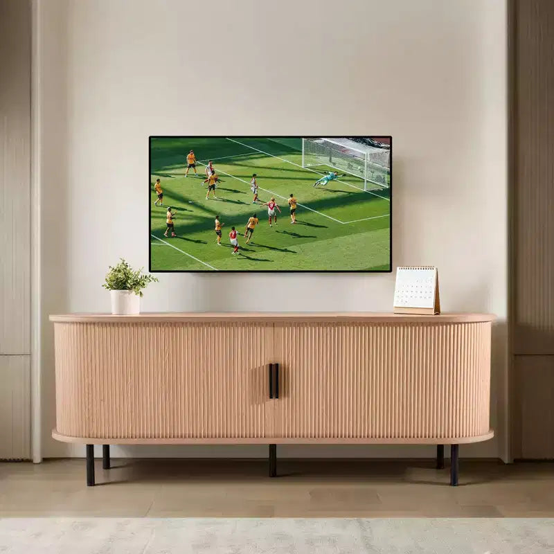 Meuble TV VEVOR, meuble de divertissement bohème pour téléviseurs jusqu'à 58 pouces, charge de 350 lb, étagères de rangement réglables et porte coulissante, couleur bois