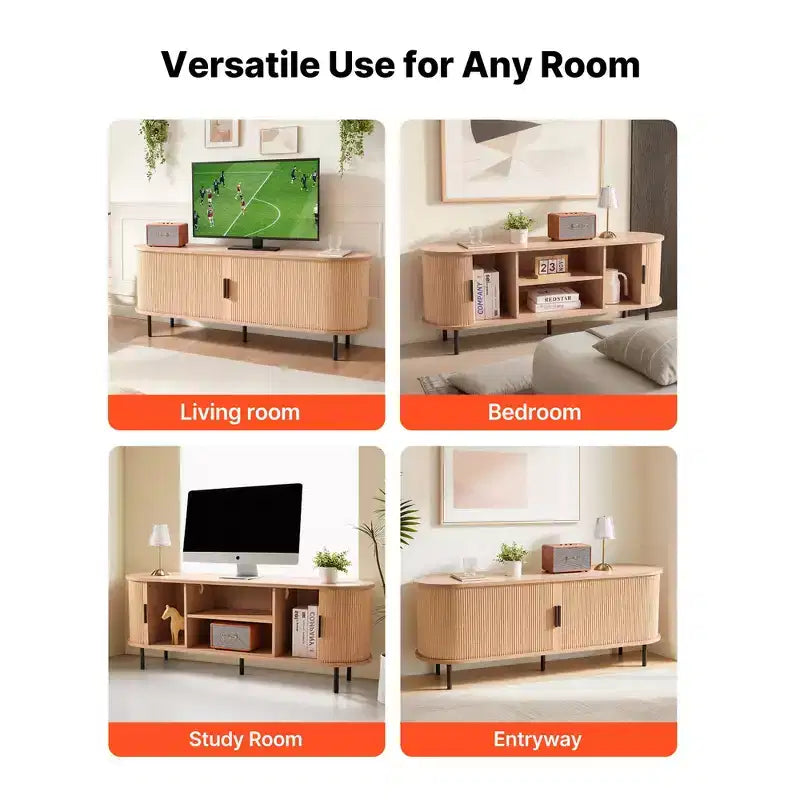 Meuble TV VEVOR, meuble de divertissement bohème pour téléviseurs jusqu'à 58 pouces, charge de 350 lb, étagères de rangement réglables et porte coulissante, couleur bois