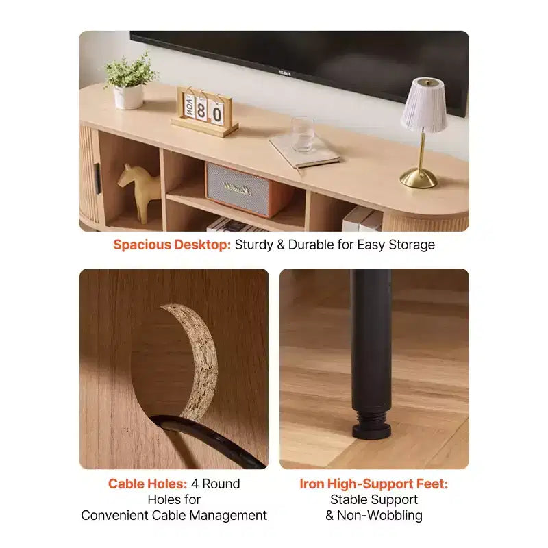 Meuble TV VEVOR, meuble de divertissement bohème pour téléviseurs jusqu'à 58 pouces, charge de 350 lb, étagères de rangement réglables et porte coulissante, couleur bois