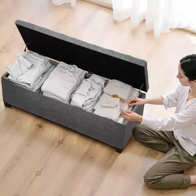 Banc de rangement ottoman VEVOR, banc de bout de lit capitonné avec sacs latéraux, coffre de rangement rembourré relevable avec cadre en métal, banc ottoman de lit en lin, gris