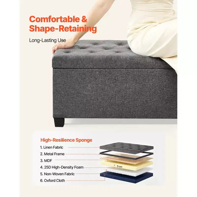 Banc de rangement ottoman VEVOR, banc de bout de lit capitonné avec sacs latéraux, coffre de rangement rembourré relevable avec cadre en métal, banc ottoman de lit en lin, gris
