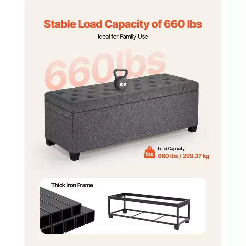 Banc de rangement ottoman VEVOR, banc de bout de lit capitonné avec sacs latéraux, coffre de rangement rembourré relevable avec cadre en métal, banc ottoman de lit en lin, gris