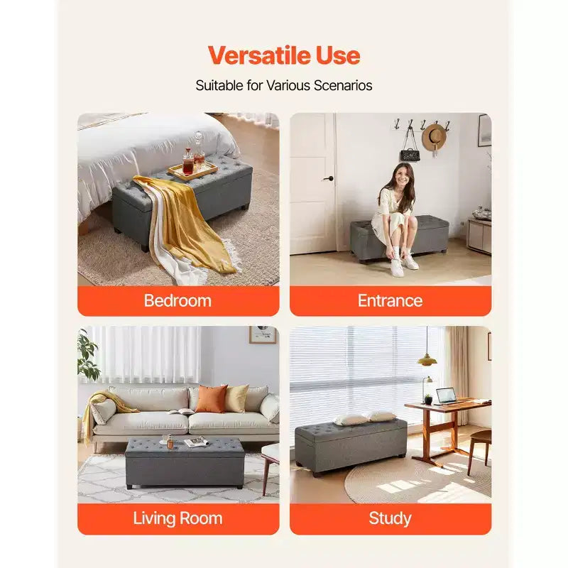Banc de rangement ottoman VEVOR, banc de bout de lit capitonné avec sacs latéraux, coffre de rangement rembourré relevable avec cadre en métal, banc ottoman de lit en lin, gris
