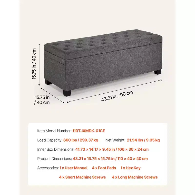 Banc de rangement ottoman VEVOR, banc de bout de lit capitonné avec sacs latéraux, coffre de rangement rembourré relevable avec cadre en métal, banc ottoman de lit en lin, gris