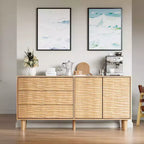 61 Mid Century Sideboard Buffet Cabinet with Undulating Groove - 3 Drawers & Adjustable Shelf for Kitchen Dining Living Room - Teak Brown