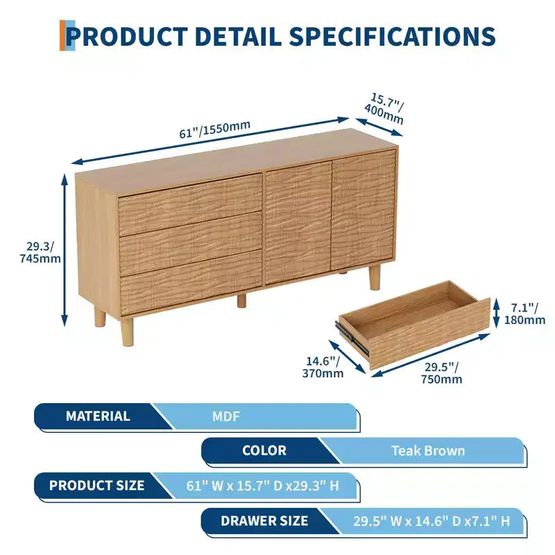 Bahut de 61 po style Mid-Century avec rainures ondulées – 3 tiroirs et étagère réglable pour cuisine, salle à manger, salon – Marron Teck