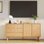 Bahut de 61 po style Mid-Century avec rainures ondulées – 3 tiroirs et étagère réglable pour cuisine, salle à manger, salon – Marron Teck